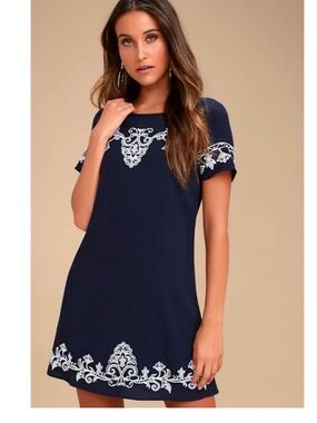 Lulus Tale to Tell Navy Embroidered Mini Shift Dress NWT